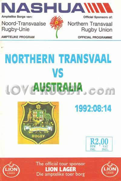 1992 Northern Transvaal v Australia  Rugby Programme